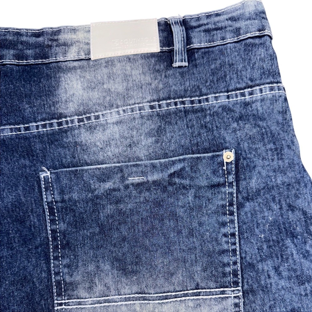 Southpole Mens Blue Acid Wash Biker Denim Shorts Moto Ribbed Zippers Size 52 - Picture 8 of 13